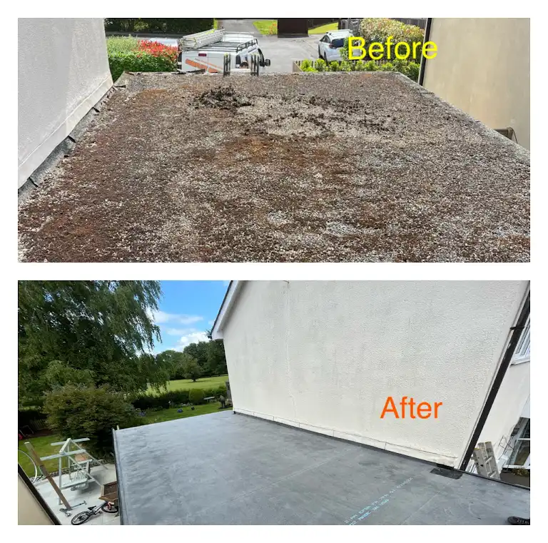 Two images comparing a flat roof before and after renovation. The top image shows a worn, moss-covered roof. The bottom image shows the same roof newly renovated with a smooth, clean surface. "Before" and "After" labels are in yellow and orange text.