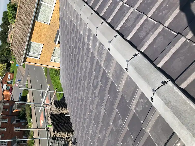 View of a grey tiled sloped roof with a chimney in a suburban setting. Below, there's a street with parked cars and a few houses. Trees in the background suggest a residential neighborhood.