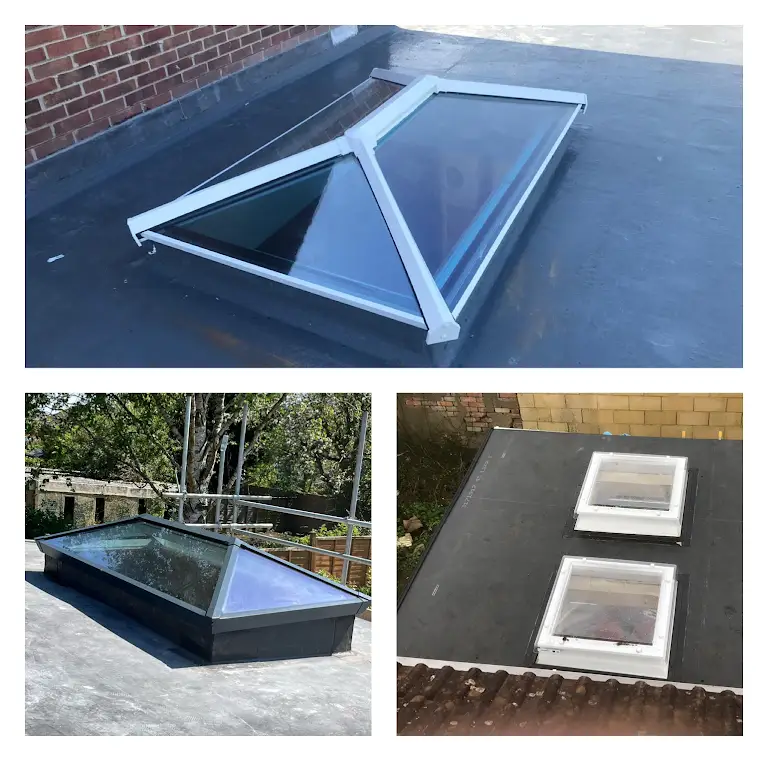 Image showing three different skylight designs on flat rooftops: a triangular prism skylight, a flat rectangular skylight, and two square skylights. Each showcases varied styles and materials for top lighting installations.