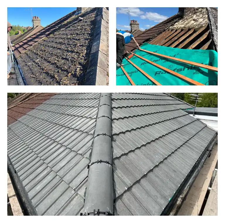 Collage of three images showing roof renovation. Top left: old, moss-covered tiles. Top right: worker removing tiles, exposing wooden beams and green underlay. Bottom: completed roof with new, gray tiles neatly installed. Blue sky in the background.